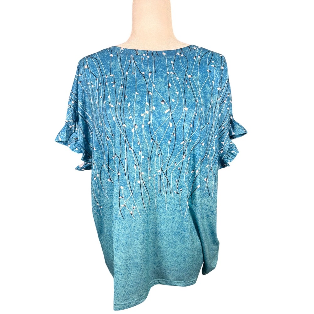 Ofeefan Womens XXL Turquoise Blue Floral Marble Print Ruffle Sleeve Blouse Top